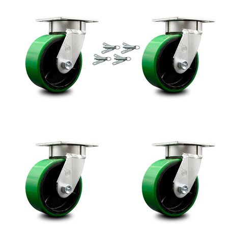 Service Caster 5 Inch Kingpinless Green Poly on Steel Wheel Swivel Caster Set with Swivel Lock SCC-KP30S520-PUR-GB-BSL-4